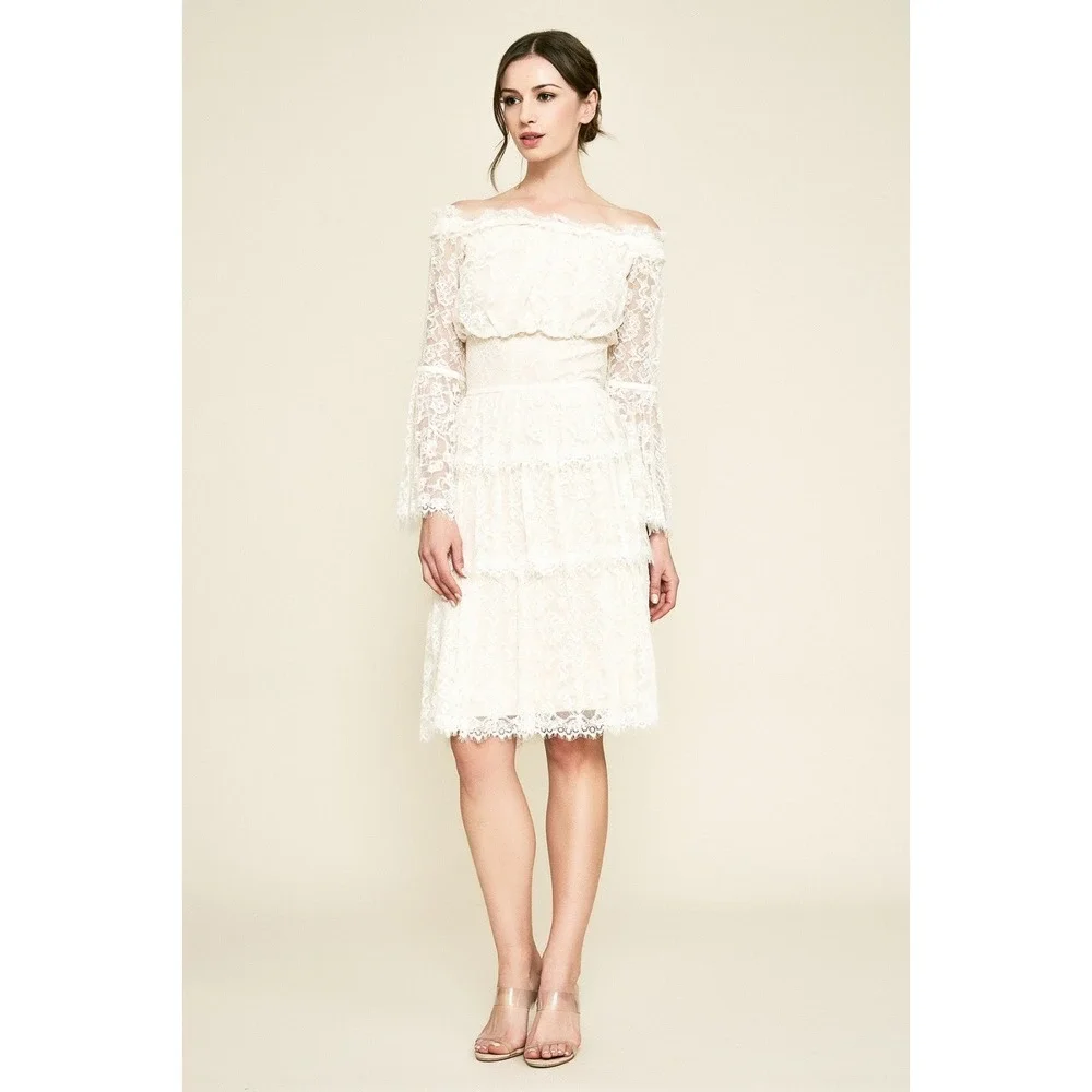 Tadashi Shoji Women Jacquin Off Shoulder Lace Tiered Bell Sleeve Dress Sz 12 NWT
